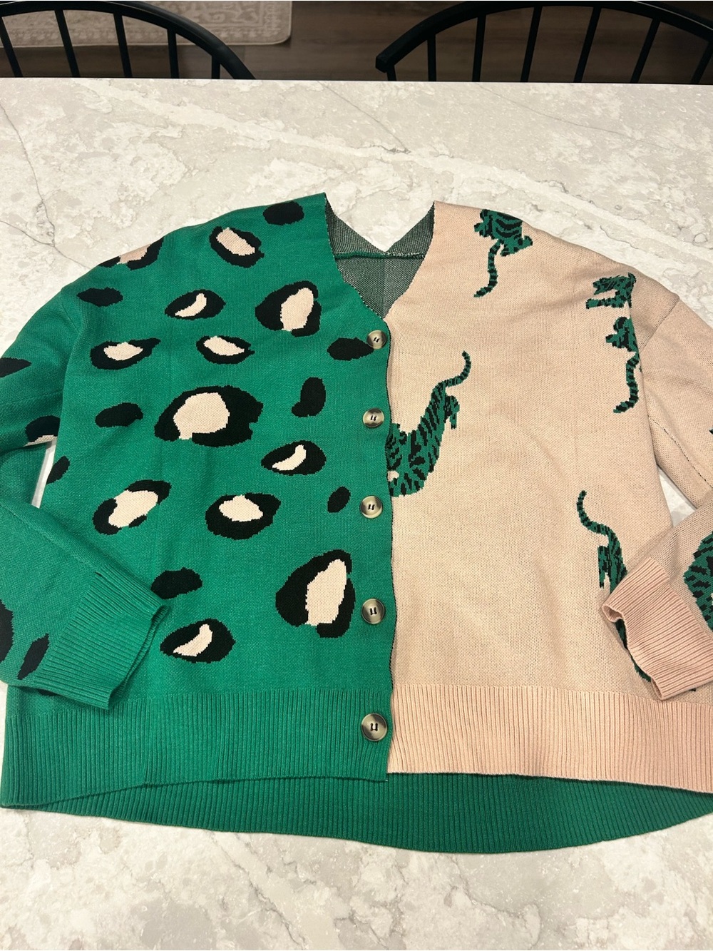 Green and Beige Knit Sweater with Ribbed Trim